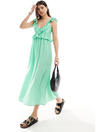 Vero Moda Frill Maxi Dress With V Neckline - Green