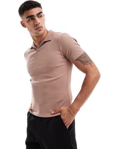 ASOS Muscle Fit Ribbed Revere Polo - Pink