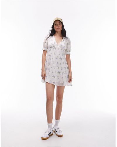 TOPSHOP Scoop Neck Vintage Floral Mini Tea Dress - White