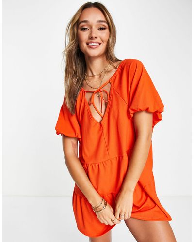 ASOS Short Sleeve Tiered Smock Mini Dress - Orange