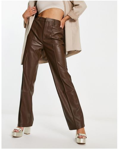 NA-KD X Stephsa Straight Leg Faux Leather Trousers - Brown