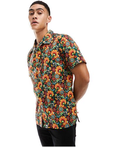 Pretty Green Avalon Floral Short Sleeve Shirt - Orange