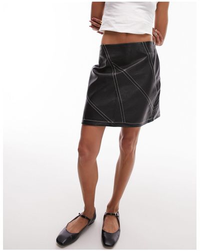 TOPSHOP Leather Look Diagonal Seam Highlight Stitch Mini Skirt - Black