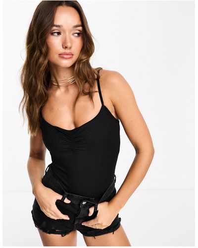 River Island Strappy Ruched Front Bodysuit - Black