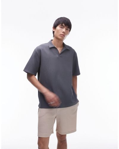 TOPMAN Short Sleeve Plisse Polo Shirt - Blue