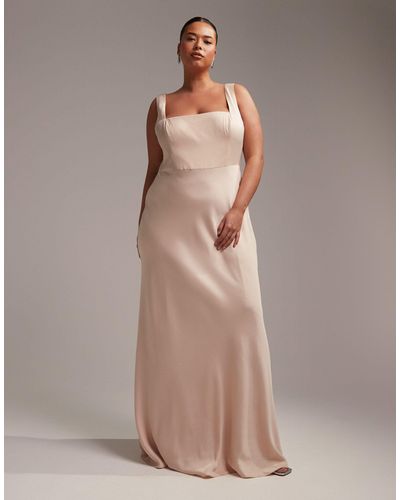 ASOS Asos Design Bridesmaid Curve Satin Square Neck Maxi Dress - Natural