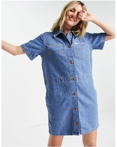 Wrangler Short Sleeve Denim Shirt Dress - Blue