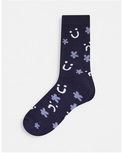 ASOS Sports Socks With Floral And Happy Face Design - Blue