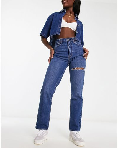 Abercrombie & Fitch Curve - love jeans dritti anni '90 scuro con strappo sulla coscia - Blu