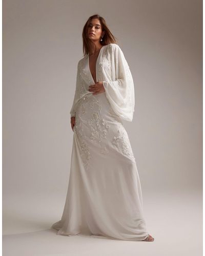 ASOS Lisa Drape Sleeve Plunge Wedding Dress With Floral Embellishment In - Grey