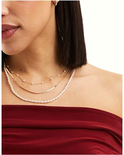 ASOS Pack Of 3 Necklaces With Faux Pearl And Snake Chain Design - Metallic