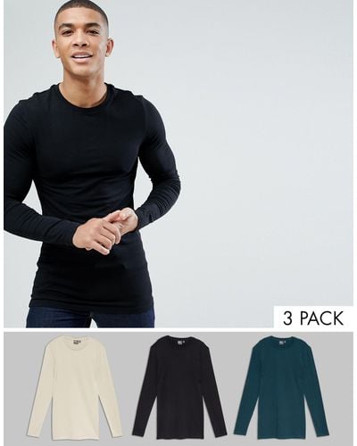 ASOS 3 Pack Muscle Fit Longline Long Sleeve Crew Neck T-shirt Multipack Saving - Blue