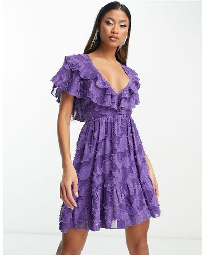 ASOS V Front V Back Ruffle Mini Dress With Flutter Sleeve And Tie Belt - Purple