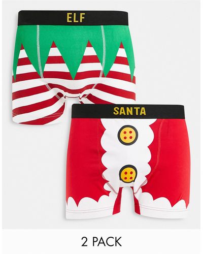 Threadbare – 2er-pack unterhosen mit weihnachtlichem santa- und elfen-print - Rot