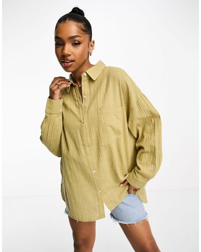 Pull&Bear Long Sleeve Linen Shirt - Metallic