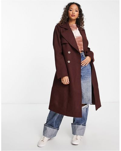 Pieces Longline Belted Tailored Trench Coat - Brown
