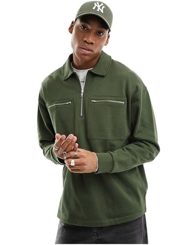 ASOS Oversized Half Zip Sweatshirt With Pockets - Green