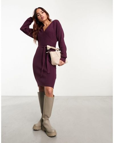 Vero Moda Wrap Belted Long Sleeve Knitted Mini Dress - Purple