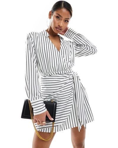 Abercrombie & Fitch Long Sleeve Draped Striped Shirt Dress - White