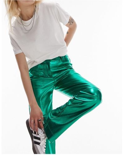 Topshop Unique Leather Low Rise Tab Waist Straight Leg Metallic Trouser - Green