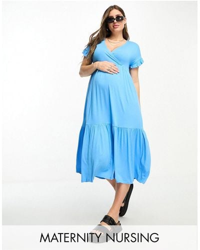 Mama.licious Mamalicious Maternity Nursing Midi Dress With Frill Sleeves - Blue