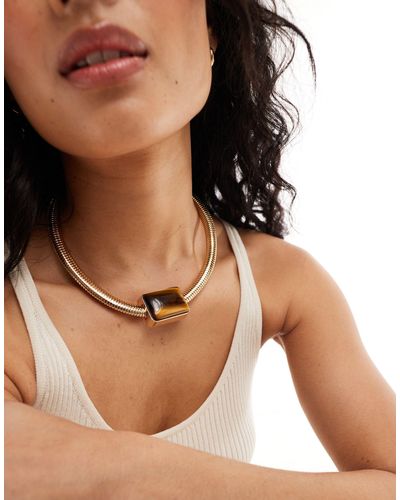 ASOS Necklace With Snake Chain Detail And Real Semi Precious Tigers Eye Stone - Black