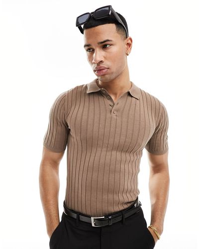 ASOS Muscle Fit Lightweight Knitted Rib Polo - Brown