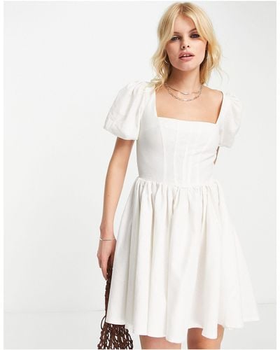 ASOS Corset Linen Mini Skater Dress With Puff Sleeve - White