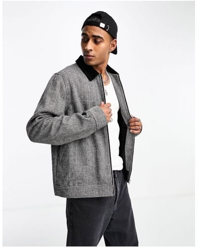 ASOS Wool Look Textured Harrington Jacket With Cord Collar - Grey