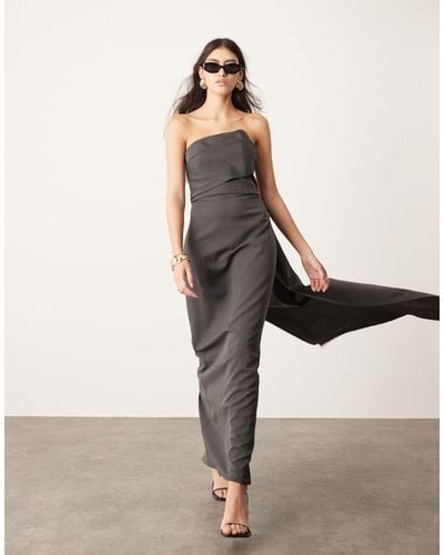 ASOS Tailored Asymmetric Neck Bandeau Maxi Dress With Train - Grey