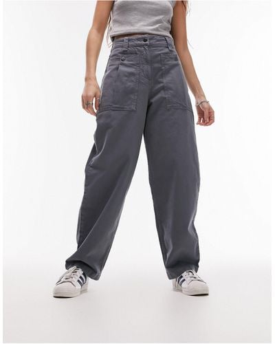 TOPSHOP Balloon Tapered Pocket Cotton & Linen Cargo Trousers - Blue
