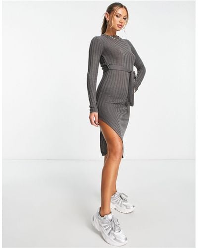 Brave Soul Eddie Knitted Dress With Slit - Gray