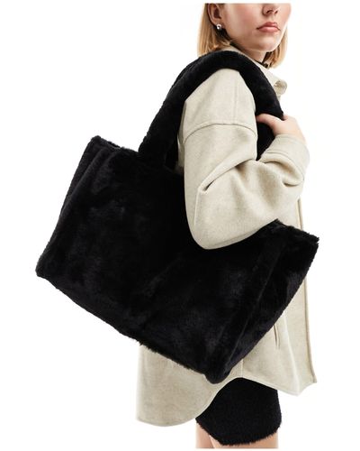 Pieces Faux Fur Shopper Bag - Black