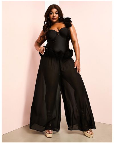 ASOS Curve Beach Sheer Wide Leg Pants With Tulle Corsage Waist - Black