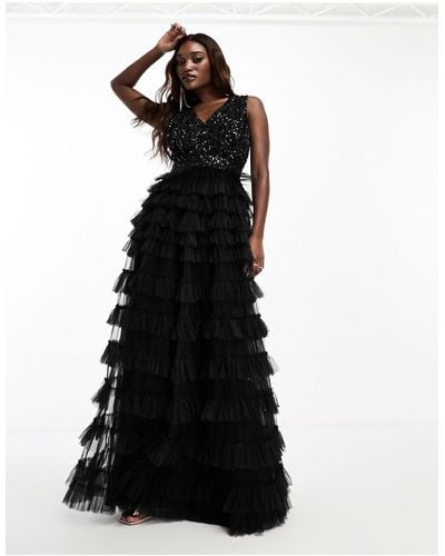 Beauut Embellished V-neck Maxi Dress With Tiered Skirt - Black