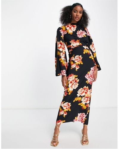 ASOS High Neck Maxi Dress With Wrap Waist And Fluted Sleeve - Black