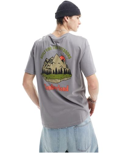 Timberland T-shirt oversize grigia con stampa di paesaggio di montagna sul retro - Bianco