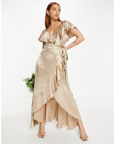 TOPSHOP – bridesmaid – brautjungfern-wickelkleid aus goldenem satin mit rüschen - Natur