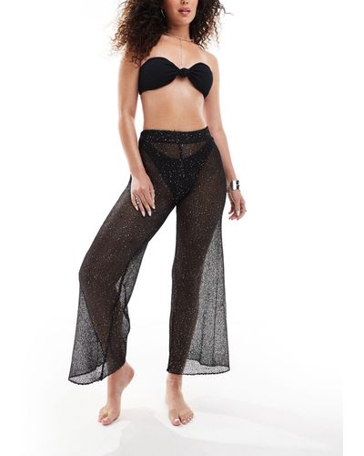 In The Style X Perrie Sian Sequin Crochet Wide Leg Beach Trousers Co-ord - Black