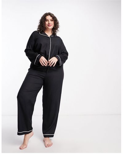 ASOS Asos Design Curve - Pyjamaset Met Overhemd Met Lange Mouwen En Broek Van Modal Met Contrasterende Biezen - Wit