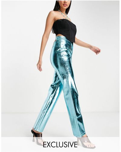 Collusion Metallic Faux Leather Straight Leg Trousers - Blue