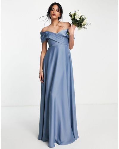 ASOS Bridesmaid Satin Bardot Maxi Dress With Full Skirt - Blue