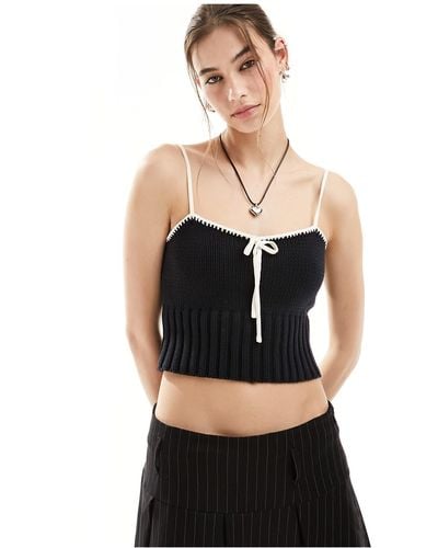 emory park Contrast Tie Detail Knitted Cami Top - Black