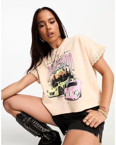 Miss Selfridge Festival Graphic Oversized Boxy Crop T-shirt With Broderie Trim - Natural