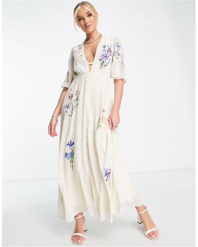 Hope & Ivy Carmen Embroidered Midi Dress - Natural