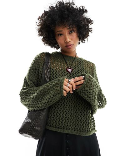 Noisy May Open Knit Sweater - Green