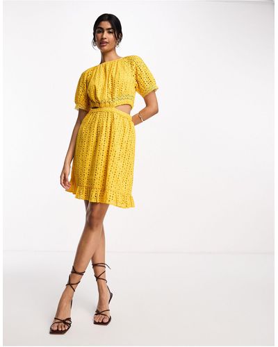 Y.A.S Broderie Mini Dress With Cut Out Sides - Yellow