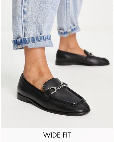 TOPSHOP Wide Fit Lola Leather Loafers With Chain Detail - Black