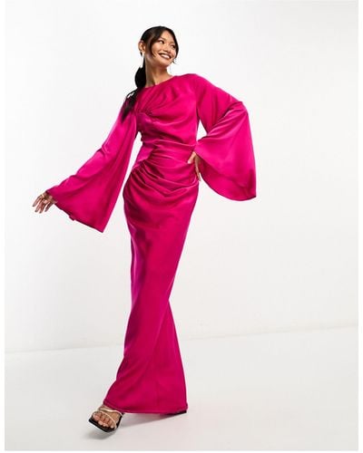 ASOS Long Sleeve Ruched Satin Maxi Dress - Pink