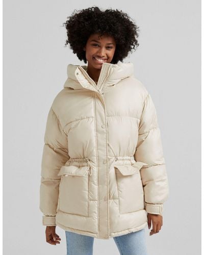 Bershka Oversized Nylon Padded Jacket With Hood - Natural